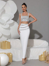 Modphy 2 Piece Set: Rhinestone Decor Camisole Crop Top + Long Skirt, Elegant Party Outfit For Women, 2024 New Arrival